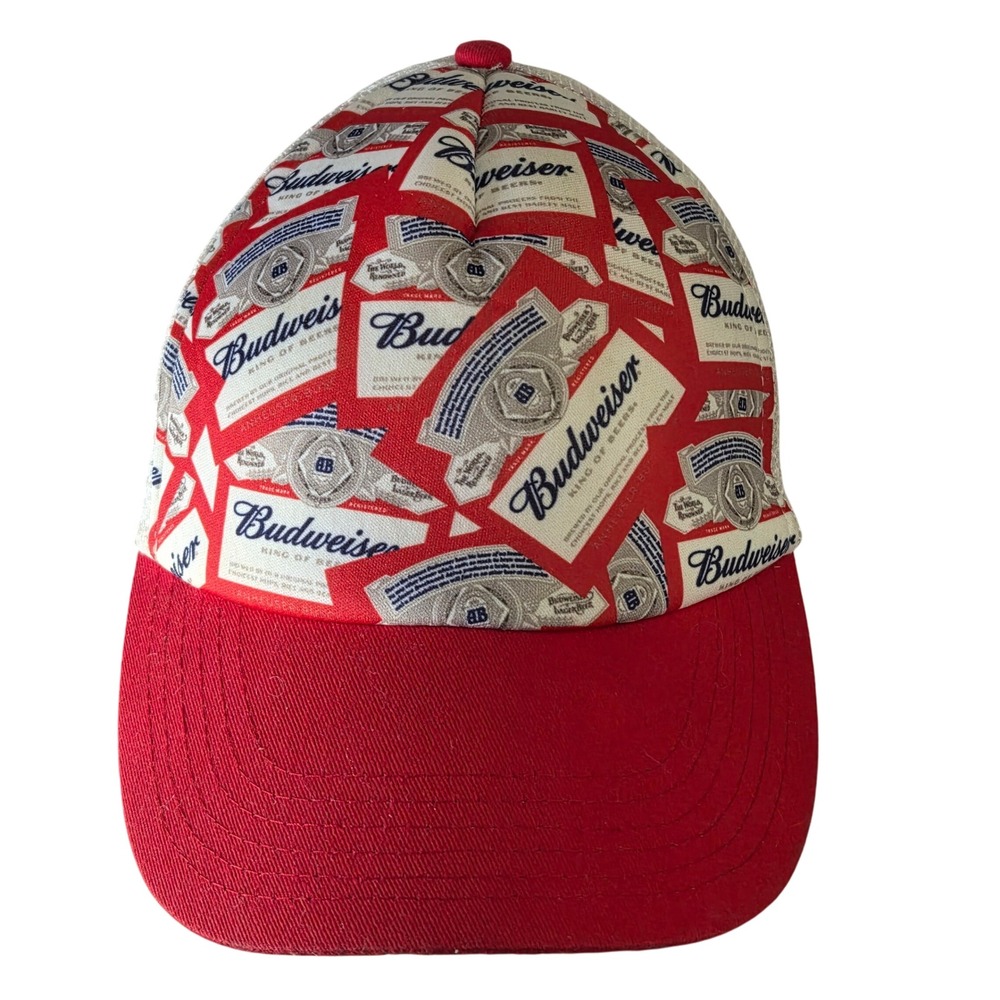 VTG 80's Budweiser Snapback‎ Mesh AOP Trucker Hat Cap Red White Adjustable